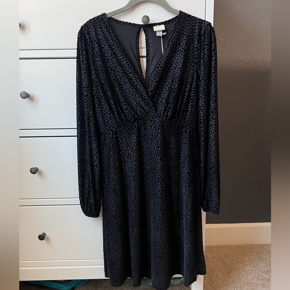 NWT A New Day Black Polka Dot Textured Long Sleeve Dress Small